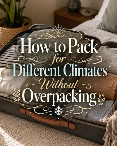 Organized mixed-climate travel wardrobe with the words How to Pack for Different Climates Without Overpacking.