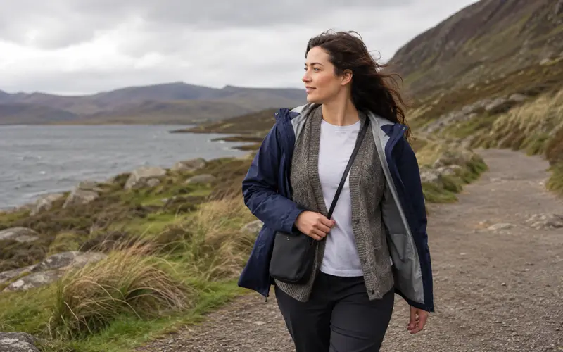 Traveler wearing a base shirt, sweater, and lightweight jacket for changing weather.