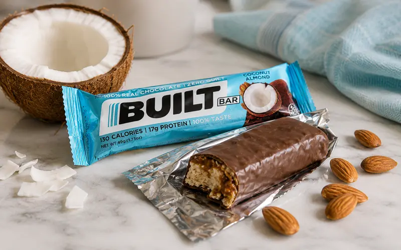 Original Coconut Almond BUILT Bar partially unwrapped beside coconut and almonds on a kitchen counter.