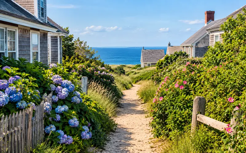 Coastal walking path surrounded by greenery and New England-style cottages on Nantucket