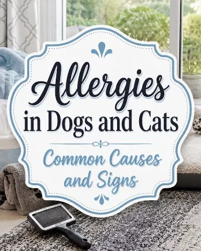 Pet bedding, paw wipes, a blanket, and a grooming brush in a bright home setting with the title text “Allergies in Dogs and Cats Common Causes and Signs.”