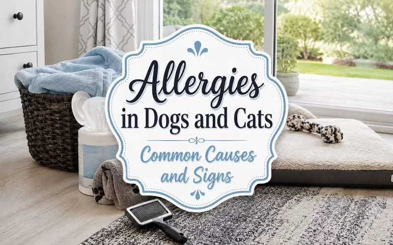 Pet bedding, paw wipes, a blanket, and a grooming brush in a bright home setting with the title text “Allergies in Dogs and Cats Common Causes and Signs.”