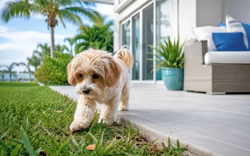 Small dog walking near grass and a clean Florida patio with sliding glass doors and palm greenery in the background.