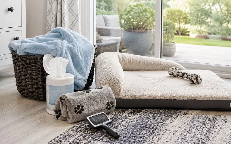 Pet bedding, paw wipes, a washable blanket, and a grooming brush arranged in a bright home near sliding glass doors.