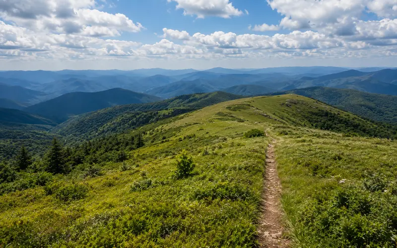 Hiking trail crossing a grassy Appalachian mountain ridge with panoramic views