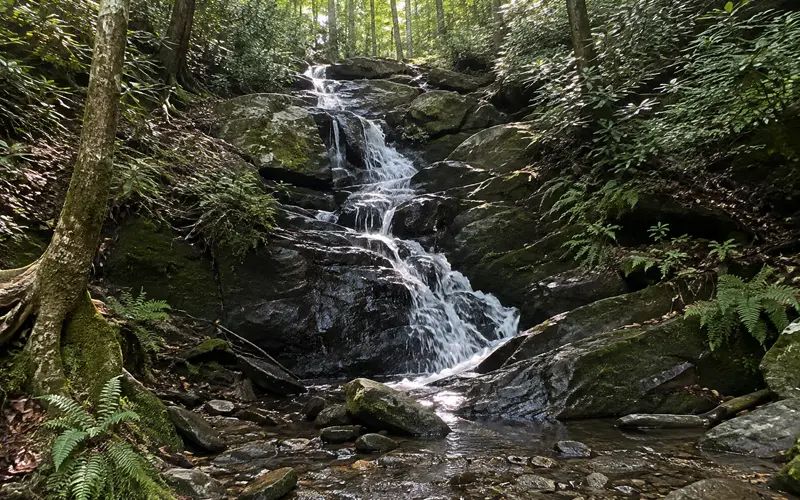 Forest waterfall flowing into a rocky mountain stream in the Smoky Mountains region.
