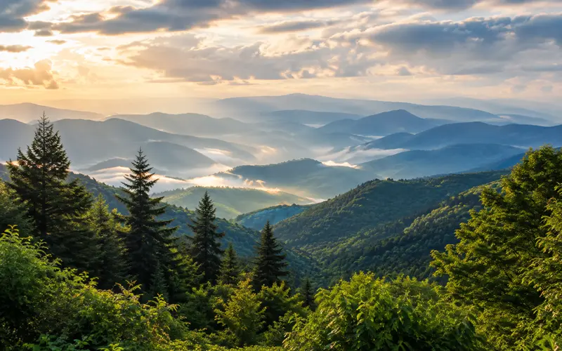 Misty forest-covered mountain ridges in the Smoky Mountains region.