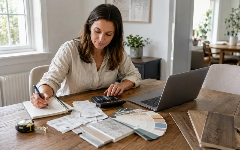 Woman planning a home renovation budget with material samples and a calculator.
