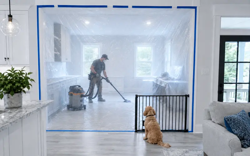 Renovation area separated with dust barriers while a dog remains safely behind a gate.