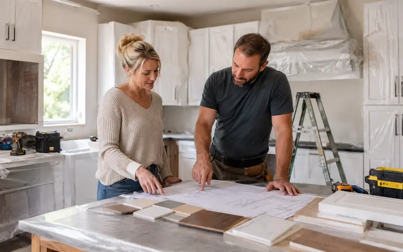 Homeowner and contractor reviewing plans during a home renovation.