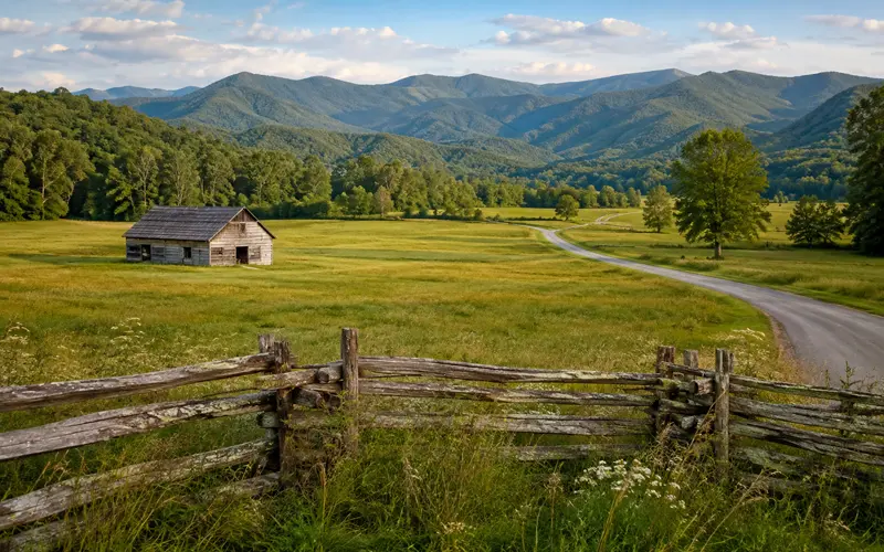 Cades Cove in Great Smoky Mountains National Park with a historic cabin, grassy valley, winding road, split-rail fence, and mountain ridges.