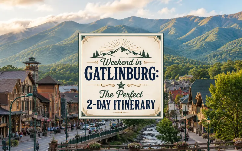 Downtown Gatlinburg surrounded by the Great Smoky Mountains with the title Weekend in Gatlinburg: The Perfect 2-Day Itinerary.