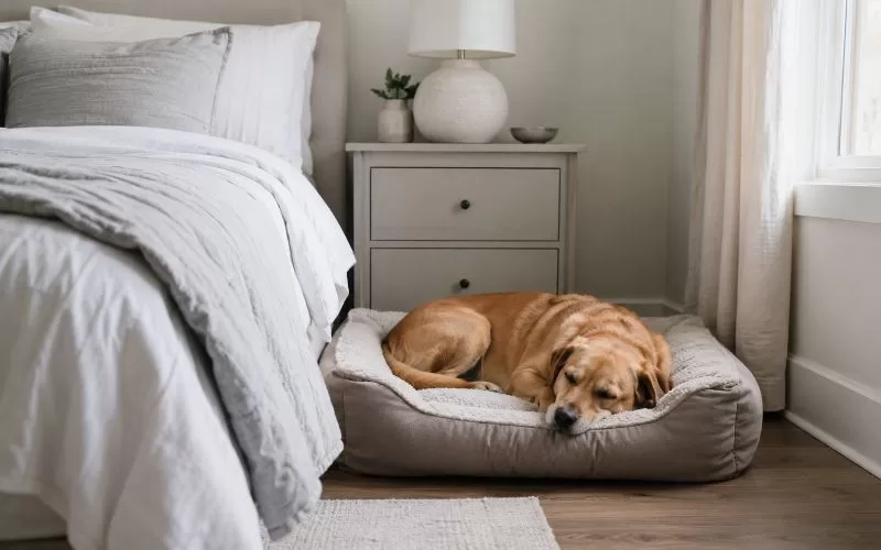 Golden dog sleeping in a soft dog bed on the floor beside a neatly made white and gray bed.