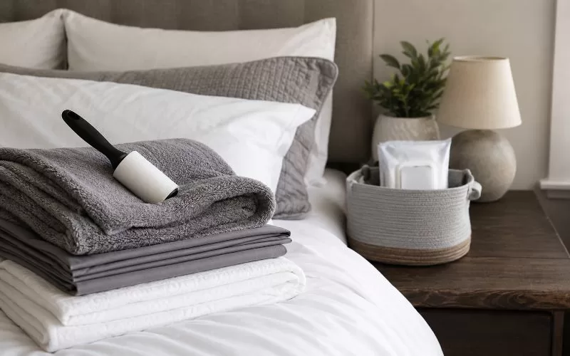 Folded white and gray bedding with a gray throw blanket, lint roller, and pet wipes arranged neatly beside the bed.