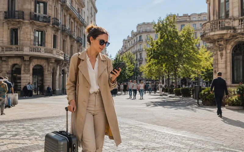 Traveler checking directions on a phone while pulling a suitcase through Barcelona