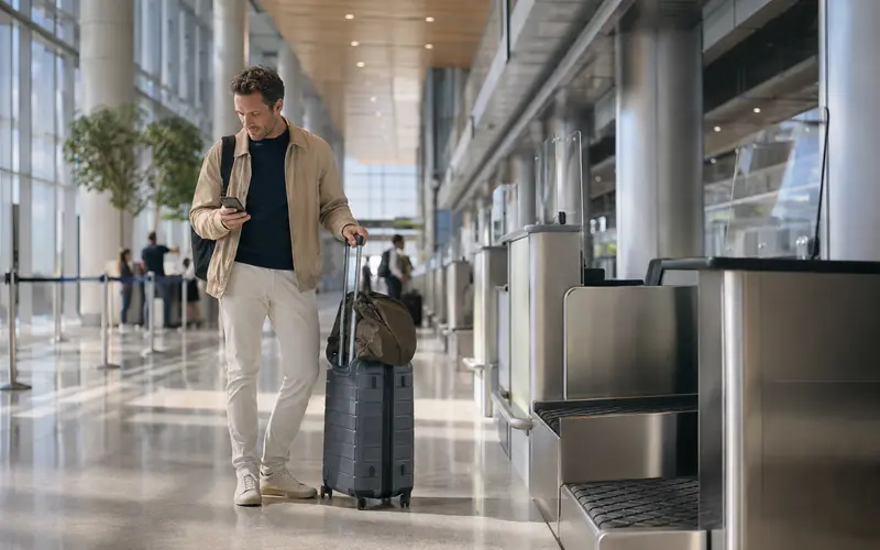 Traveler with rolling luggage checking his phone beside a baggage drop area in a bright modern European airport.