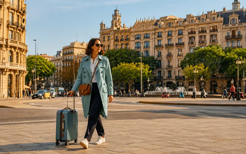 Traveler walking through central Barcelona with a teal suitcase and crossbody bag