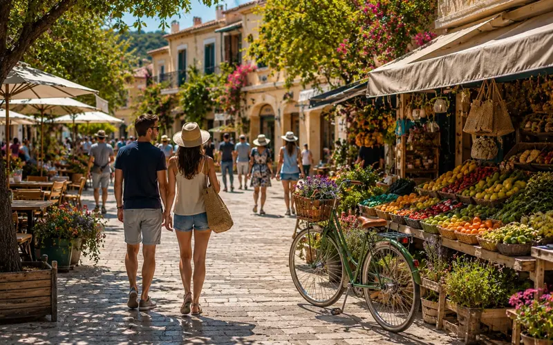 Travelers exploring a local market, cafés, and walkable streets while on vacation.