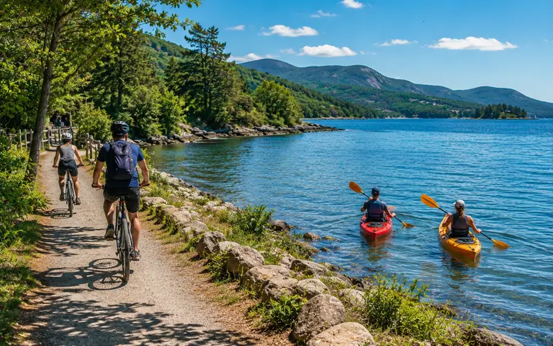 Travelers kayaking and biking while enjoying outdoor activities on vacation.