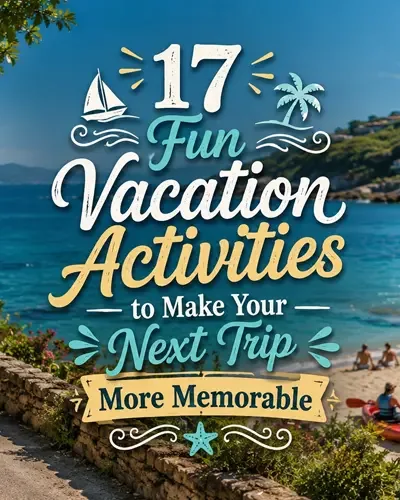 Fun vacation activities including beach time, outdoor adventures, sightseeing, and exploring.