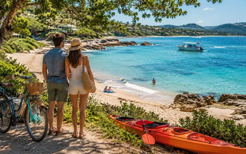 Travelers enjoying beach, boating, biking, and outdoor activities during a coastal vacation.