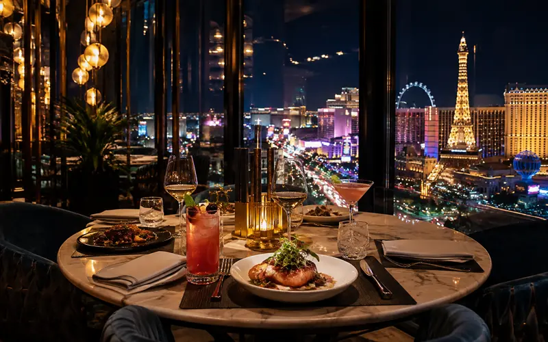 Elegant Las Vegas restaurant table overlooking the illuminated Strip at night with cocktails and fine dining.