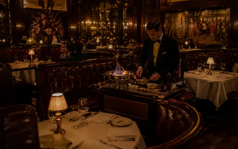 Classic Las Vegas steakhouse with leather booths, white tablecloths, low lighting, and tableside service.