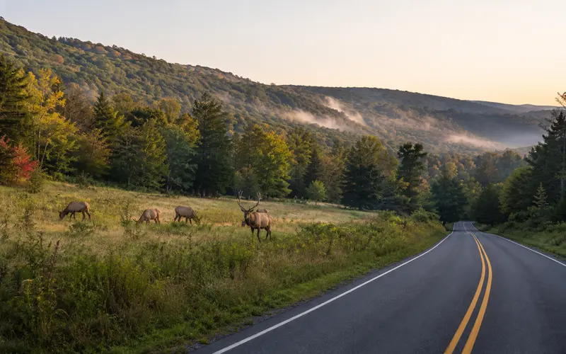 Wild elk grazing beside a quiet mountain road surrounded by forested hills in the Pennsylvania Wilds.
