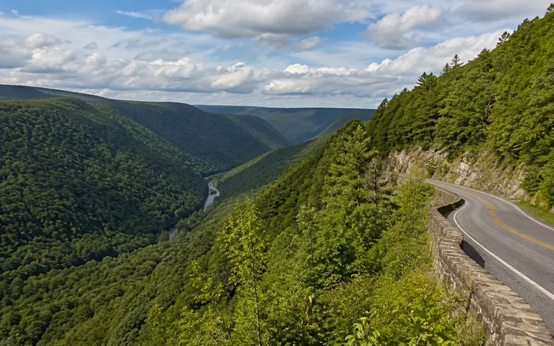 Winding road overlooking deep green forested mountains and a river valley in northern Pennsylvania.
