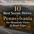 olorful Pennsylvania mountain landscape with a winding road and the title 10 Best Scenic Drives in Pennsylvania for Mountain Views & Road Trips.