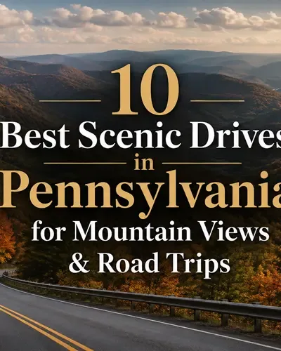 olorful Pennsylvania mountain landscape with a winding road and the title 10 Best Scenic Drives in Pennsylvania for Mountain Views & Road Trips.