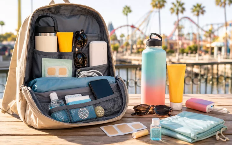 Open backpack packed for a Florida theme park day with sunscreen, water bottle, sunglasses, portable charger, poncho, blister patches, lip balm, and small essentials.
