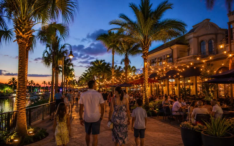 Evening Orlando dining area with palm trees, warm lights, outdoor restaurant seating, and a family walking after a theme park day.