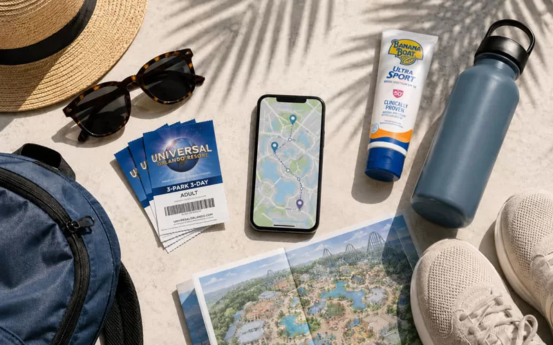 Universal Orlando vacation planning essentials with tickets, sunglasses, sunscreen, water bottle, phone map, backpack, and walking shoes.