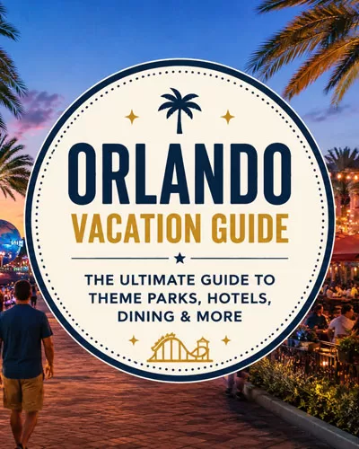 Universal Orlando vacation tips graphic with theme park travel elements, palm trees, tickets, sunglasses, and Florida vacation style.