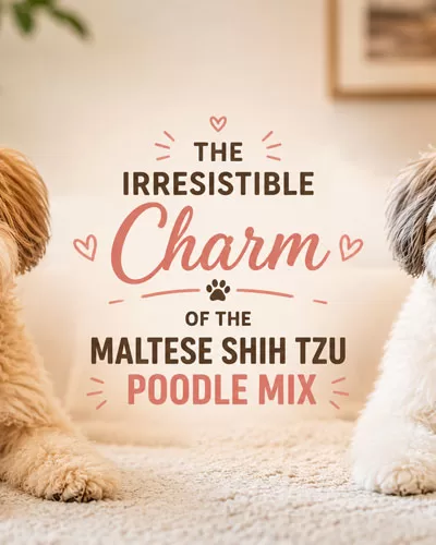Featured image showing two adorable Maltese Shih Tzu Poodle mix dogs beside centered text reading The Irresistible Charm of the Maltese Shih Tzu Poodle Mix.