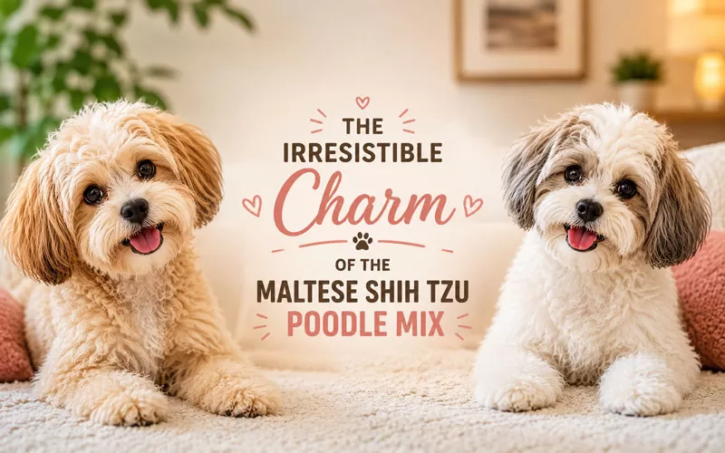 Featured image showing two adorable Maltese Shih Tzu Poodle mix dogs beside centered text reading The Irresistible Charm of the Maltese Shih Tzu Poodle Mix.