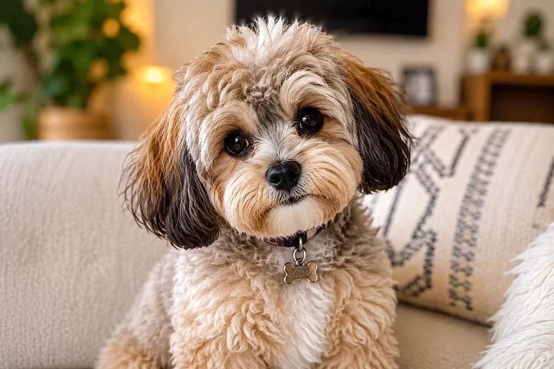 Fluffy Maltese Shih Tzu Poodle mix dog sitting on a cozy couch with cream, tan, and dark brown curly fur and expressive eyes.