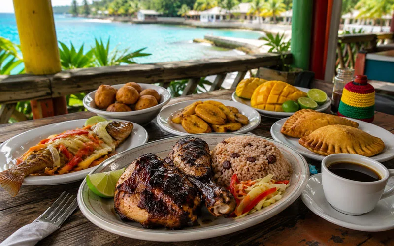 Jamaican food served at an open-air seaside restaurant
