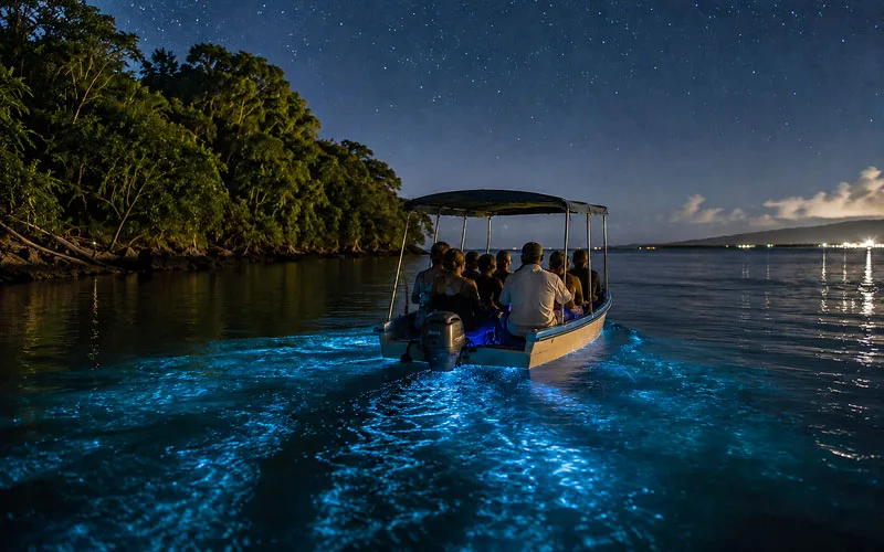 Tour boat surrounded by glowing blue water in Jamaica’s Luminous Lagoon