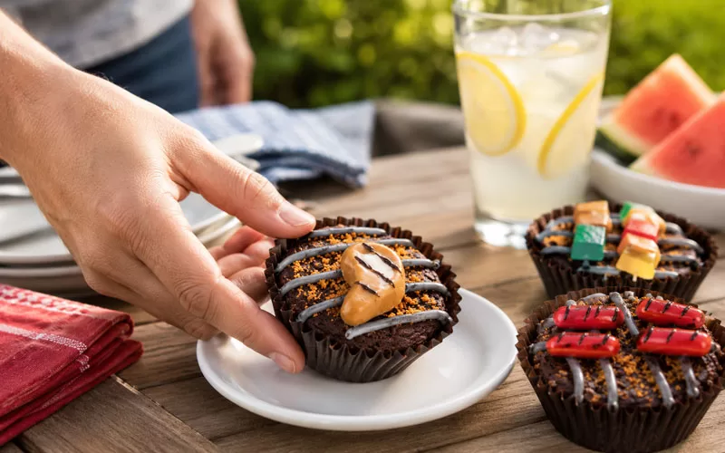 Hand serving a Father’s Day Grillin’ Brownie onto a small dessert plate on a patio table with lemonade, watermelon, and other decorated brownies nearby.