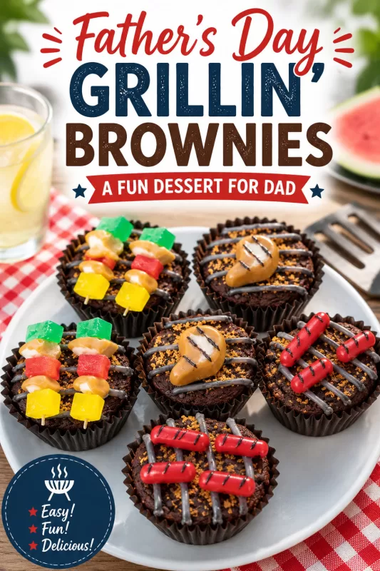 Pinterest image for Father’s Day Grillin’ Brownies with decorated brownie cups that look like mini barbecue grills topped with candy hot dogs, kabobs, and steak.