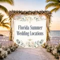 Beach wedding ceremony with palm trees, white flowers, ocean views, and decorative text reading Florida Summer Wedding Locations.