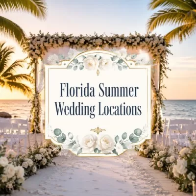 Beach wedding ceremony with palm trees, white flowers, ocean views, and decorative text reading Florida Summer Wedding Locations.