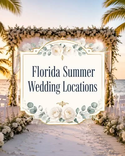 Beach wedding ceremony with palm trees, white flowers, ocean views, and decorative text reading Florida Summer Wedding Locations.