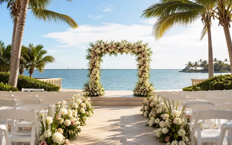 Outdoor Florida-style beach wedding ceremony with white chairs, tropical flowers, palm trees, and coastal water in the background.