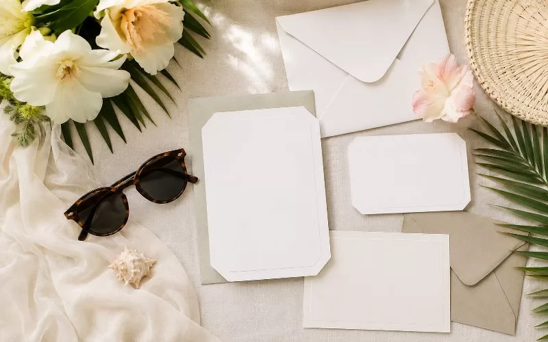 Florida summer wedding planning flat lay with blank invitation cards, sunglasses, tropical flowers, palm leaves, and a seashell.