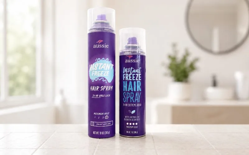 Original and reformulated Aussie Instant Freeze hairspray bottles displayed together in a bright bathroom.