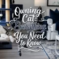 A relaxed indoor cat in a cozy modern living room with decorative text reading Owning a Cat Everything You Need to Know.