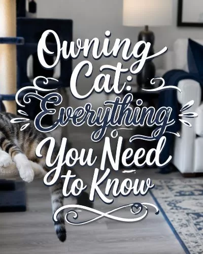 A relaxed indoor cat in a cozy modern living room with decorative text reading Owning a Cat Everything You Need to Know.
